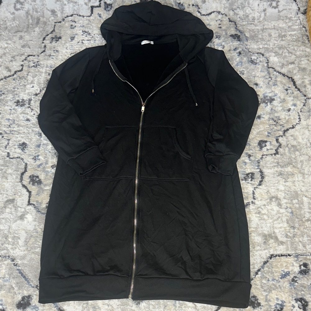 Elesol Black Full Zip Hoodie Sweatshirt XL Longline Hooded Jacket